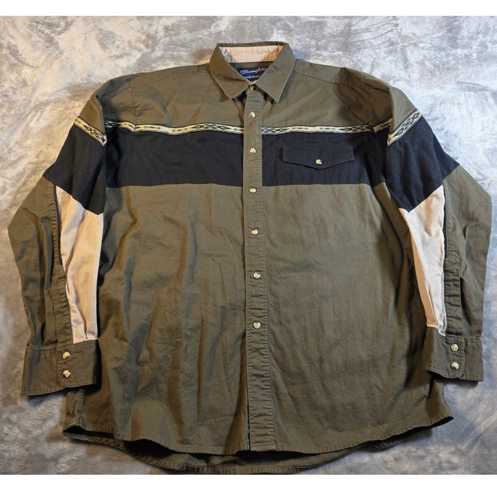 Vtg Wrangler Western Shirt Mens Large Olive Green Black Pearlโ Snap Southwestern